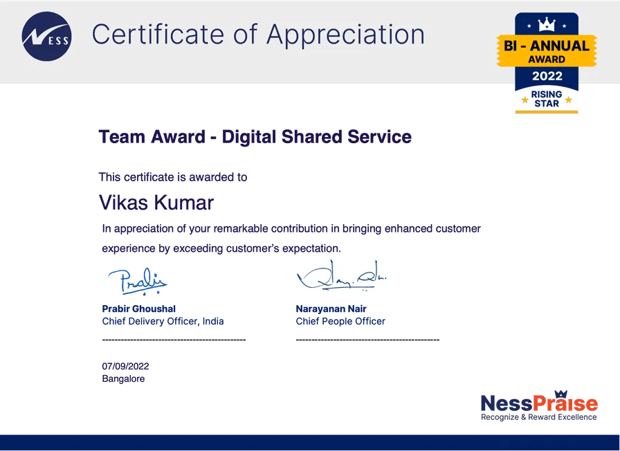 Team Award - Digital Shared Service certificate, awarded by Ness Digital Engineering (NessPraise)